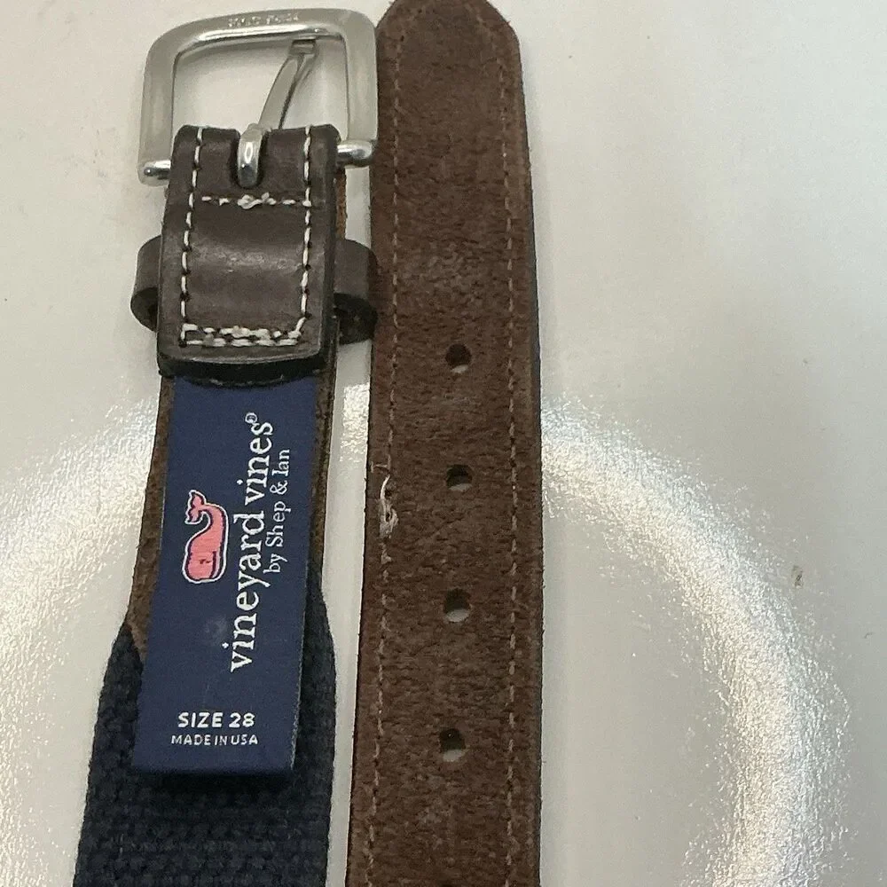 Vineyard Vines Navy Pink Blue Whale Logo Canvas Club Brown Belt Size 28 Made USA